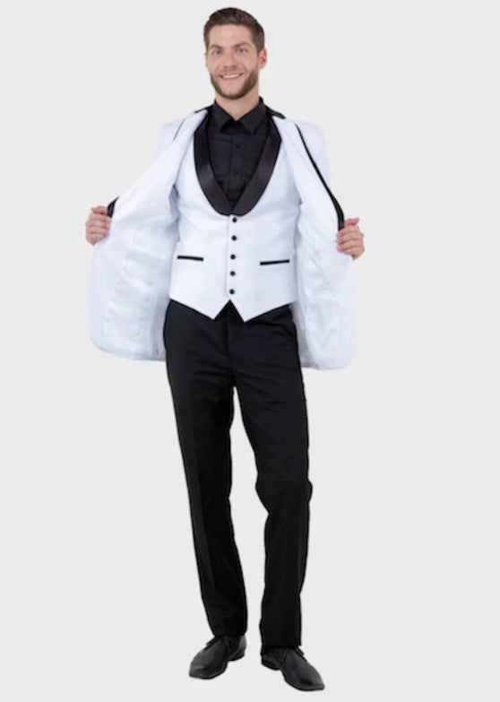 Big and Tall Tuxedo - White 3 Piece Vested Slim Fit Shawl Lapel Tuxedo Side Vents