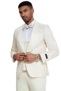 Mens Designer Wedding & Prom Shawl Lapel Vested Paisley Tuxedo in Ivory