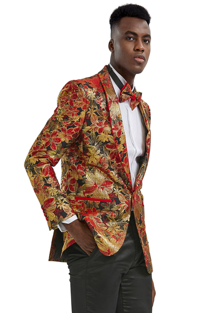 Mens Paisley Shawl Prom Tuxedo Blazer in Red & Gold