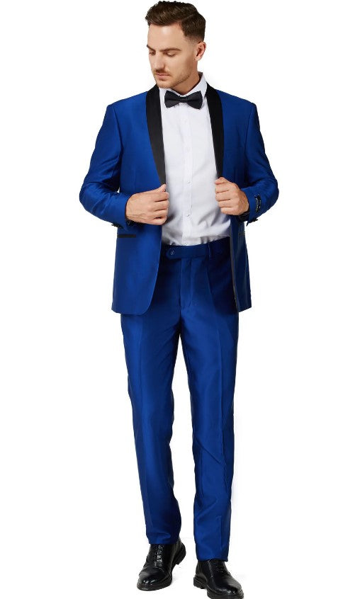 Mens Shiny Blue Shawl Lapel Single Breased Tuxedo Slim Fit
