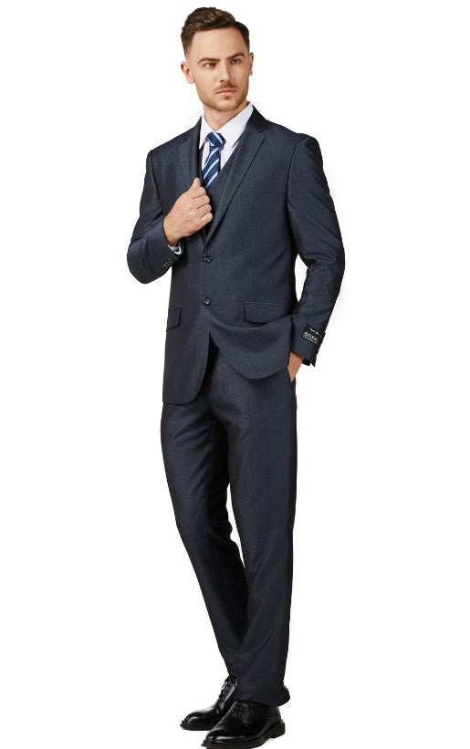 Mens Shiny Charcoal Blue Notched Lapel Suit Slim Fit