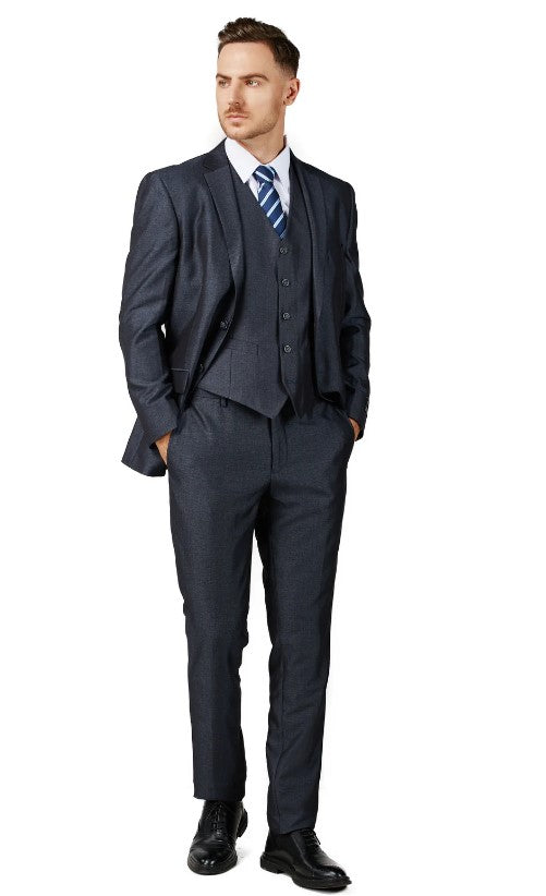 Mens Shiny Charcoal Blue Notched Lapel Suit Slim Fit