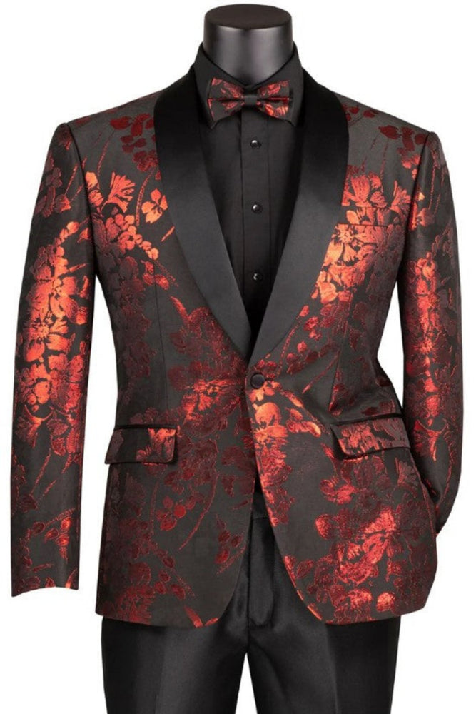 Mens Shiny Foil Floral Paisley Prom and Wedding Tuxedo Jacket in Red