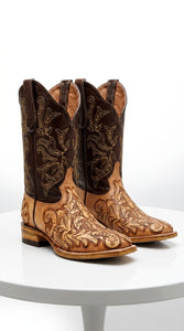 White Diamond Men’s Natural Hand-Tooled Western Boots, Square Toe Cowboy Dress Boots