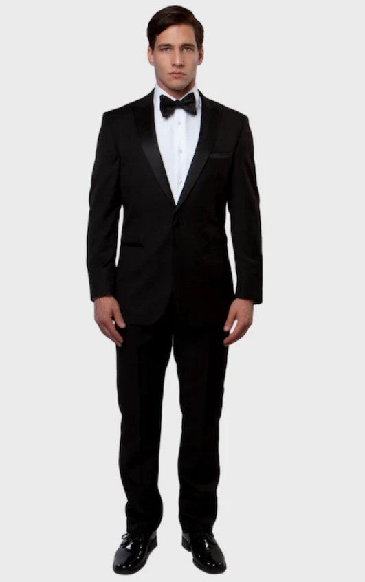 Big and Tall Tuxedo - Single Breasted Side Vent Black 1 Button Peak Lapel Tuxedo