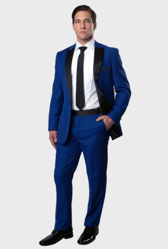 Big and Tall Tuxedo - Side Vent Blue 1 Button Slim Fit Peak Lapel Tuxedo