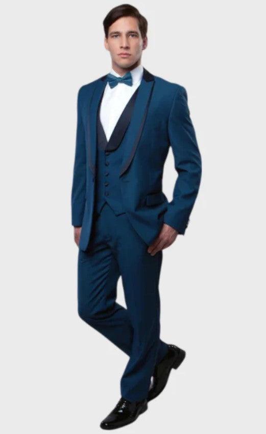 Big and Tall Tuxedo - Five Button Vest Blue Tuxedo Jacket 3 Piece Vested Shawl Lapel Tuxedo