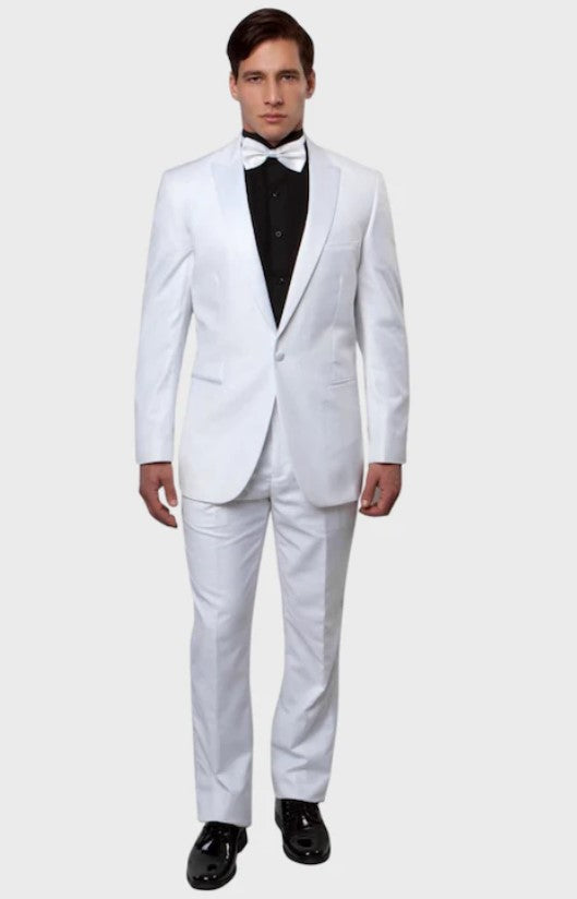 Big and Tall Tuxedo - Side Vent White 1 Button Slim Fit Satin Peak Lapel Tuxedo