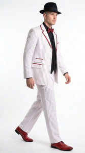 Men’s White and Black Pinstripe Zoot Suit, High Waist Formal Party Tuxedo Suit