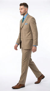 Men’s Tan 3 Button Classic Fit Vested Suit, Formal Wedding Business Dress Suit