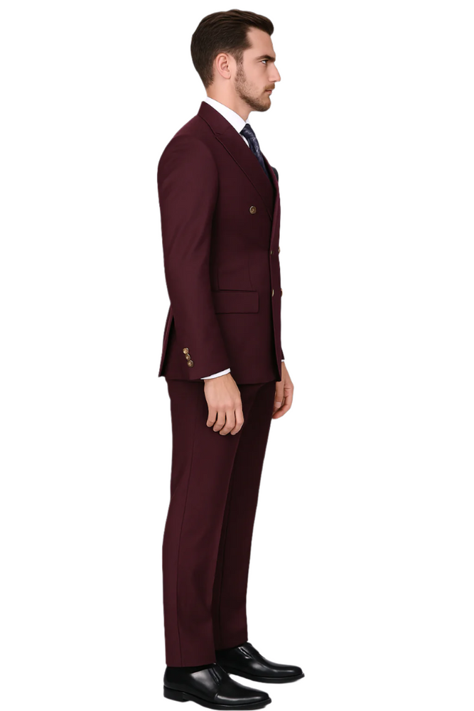Mens Designer Modern Fit Double Breasted Wool Suit with Gold Buttons in Burgundy