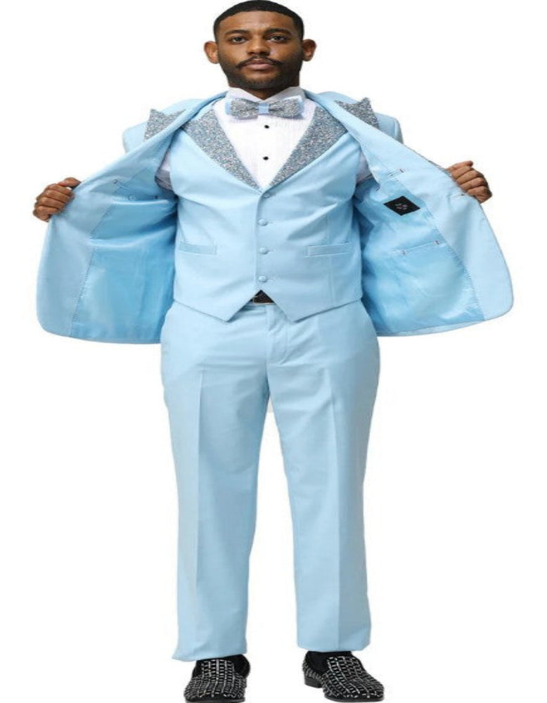 Sky Blue Prom Tuxedo - Perfect Wedding Suit Vested Rhinestone Lapelled