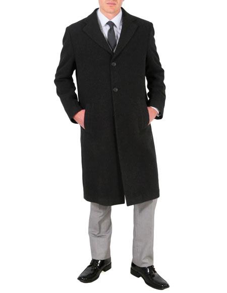 Men's Dress Coat Wool/Poly Charcoal Overcoat With Slanted Pockets