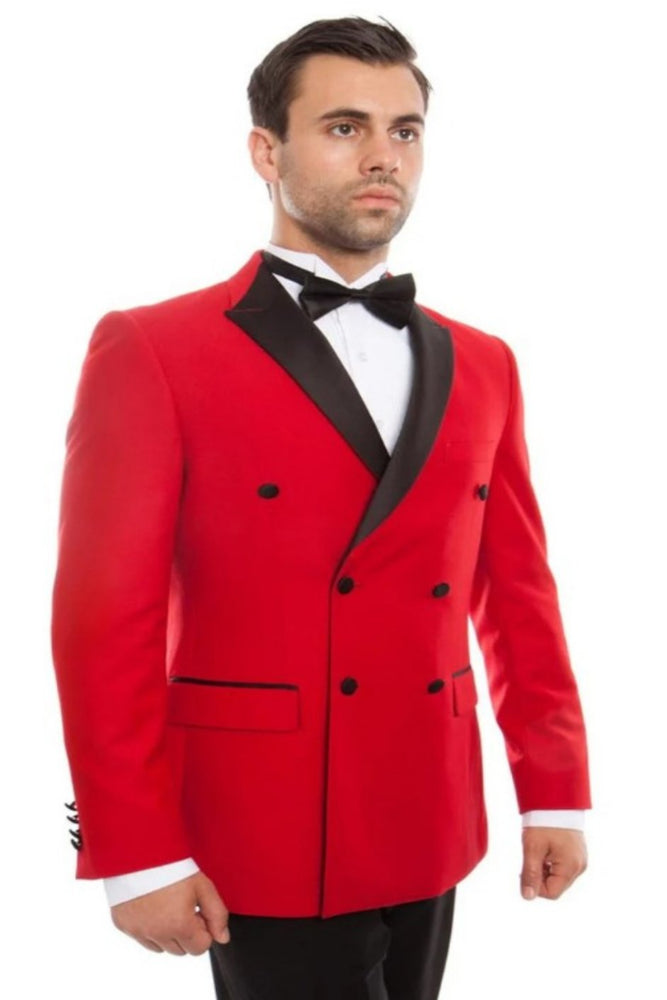 Mens Slim Fit Double Breasted Paisley Pattern Tuxedo in Red