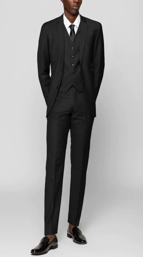 Mens Black Notched Lapel Suit Slim Fit Flat Front Pant Black