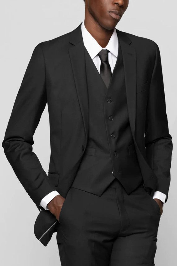 Mens Black Notched Lapel Suit Slim Fit Flat Front Pant Black