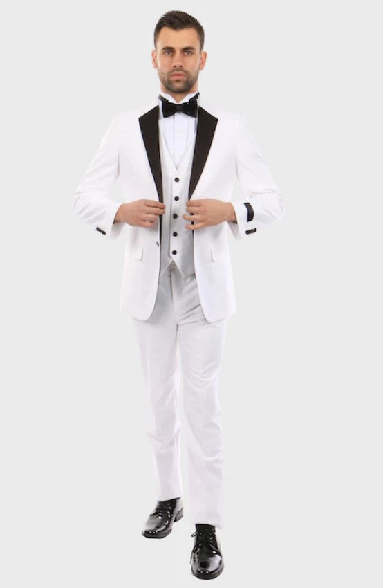 Big and Tall Tuxedo - Slim Fit Jacket Pant White with Black Lapel 3 Piece Vested Slim Fit Tuxedo