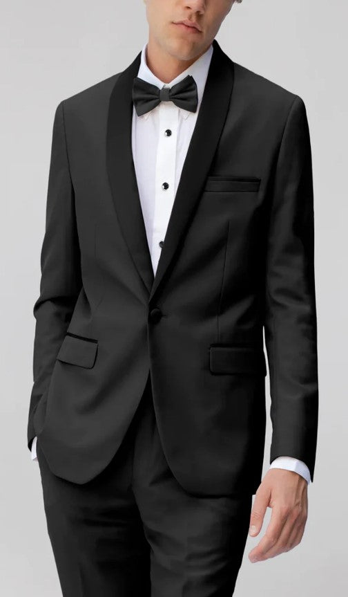 Mens Black Shawl Lapel Tuxedo 2-Button Slim Fit Notched lapel Black Suit