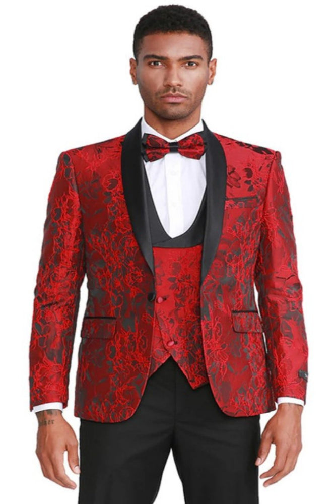 Mens Slim Fit Single Breasted One Button Vested Paisley Shawl Lapel Prom Tuxedo in Red