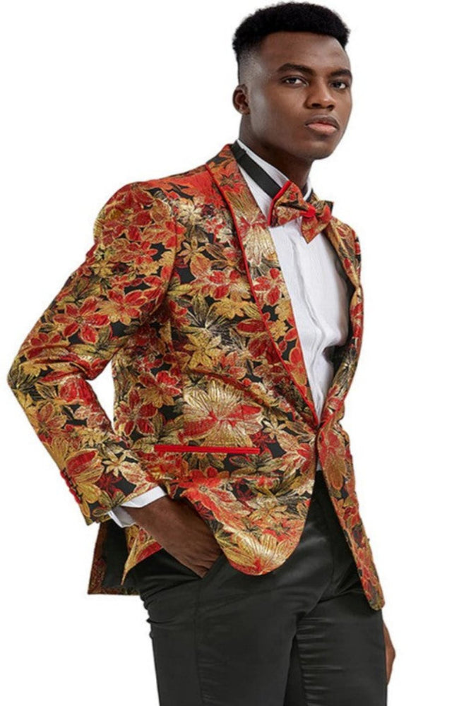 Mens One Button Slim Fit Paisley Prom Tuxedo Jacket in Red and Gold