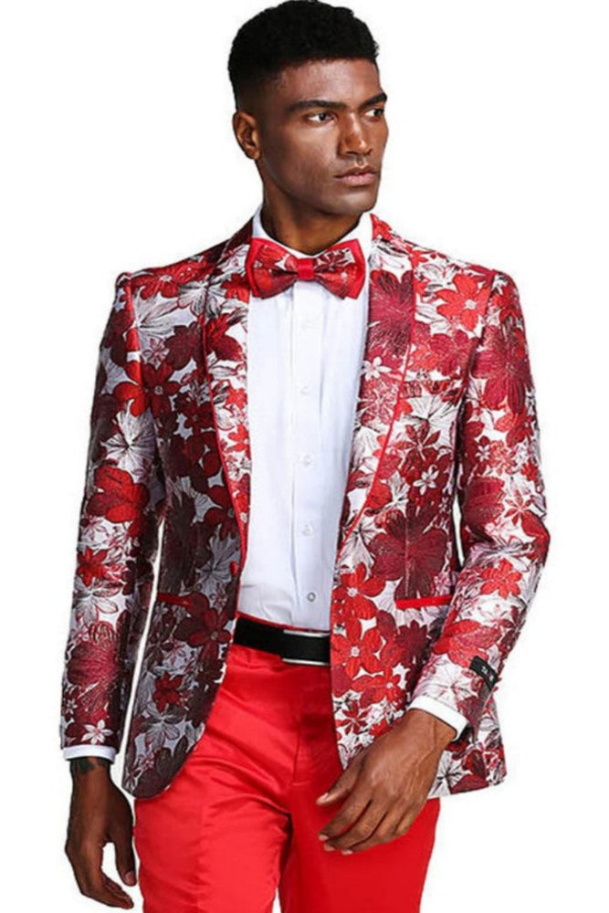 Mens Slim Fit Paisley Prom Tuxedo Jacket in Red and Silver