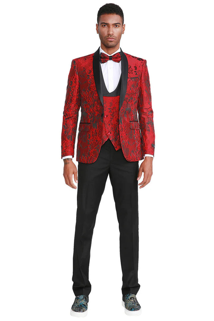 Men's Slim Fit One Button Vested Paisely Shawl Lapel Prom Tuxedo In  Red