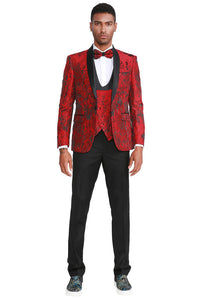 Men's Slim Fit One Button Vested Paisely Shawl Lapel Prom Tuxedo In  Red