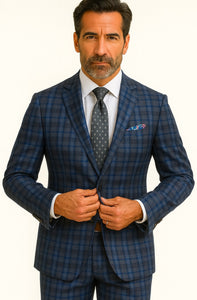 Slim Fit Wool Plaid Blazer – Renoir Navy & Grey Windowpane