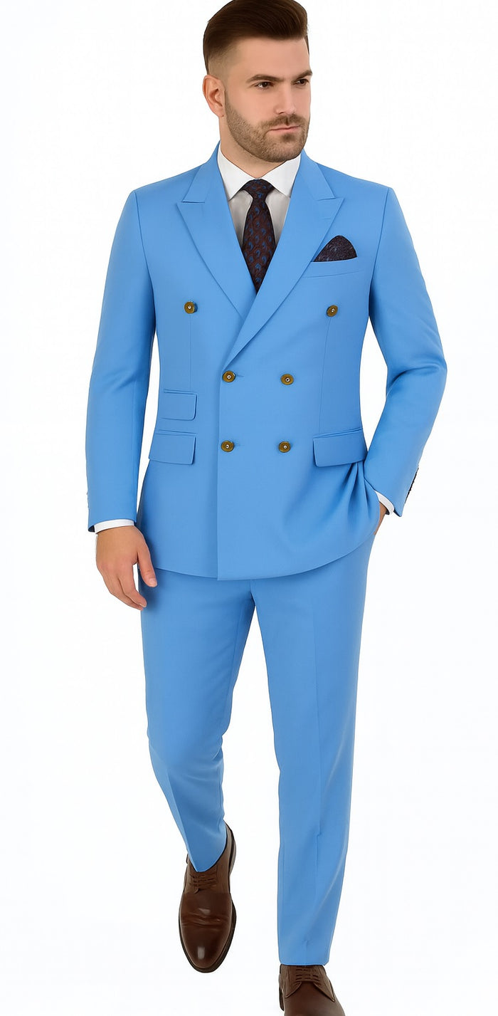 Slim Fitted Cut Mens Corn Flower Blue Double Breasted Blazers - Double Breasted Sport Coat