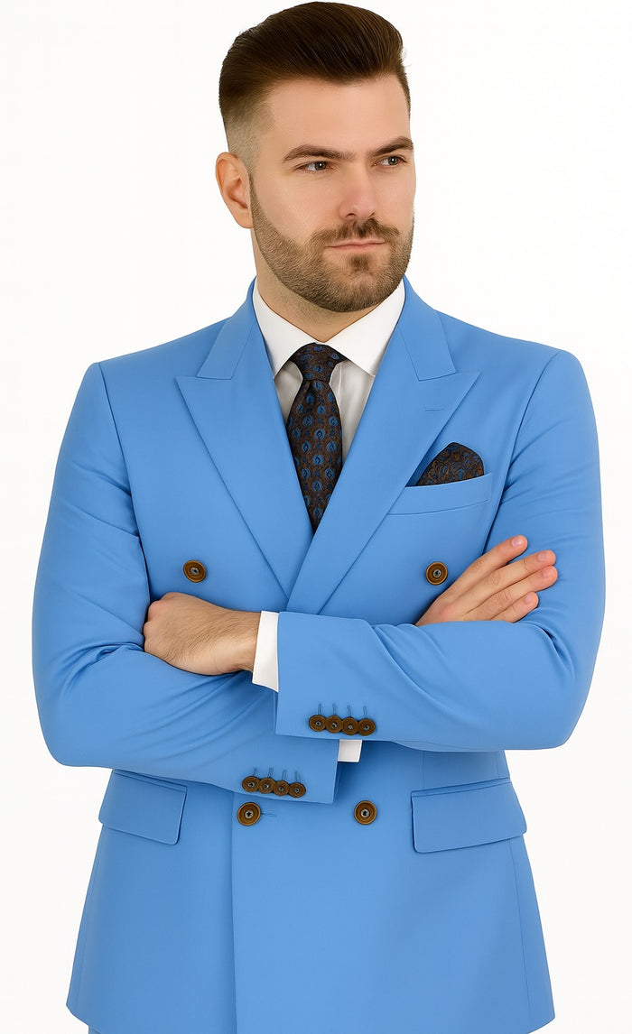 Slim Fitted Cut Mens Corn Flower Blue Double Breasted Blazers - Double Breasted Sport Coat