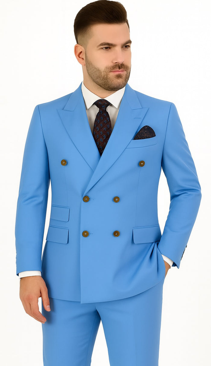 Slim Fitted Cut Mens Corn Flower Blue Double Breasted Blazers - Double Breasted Sport Coat