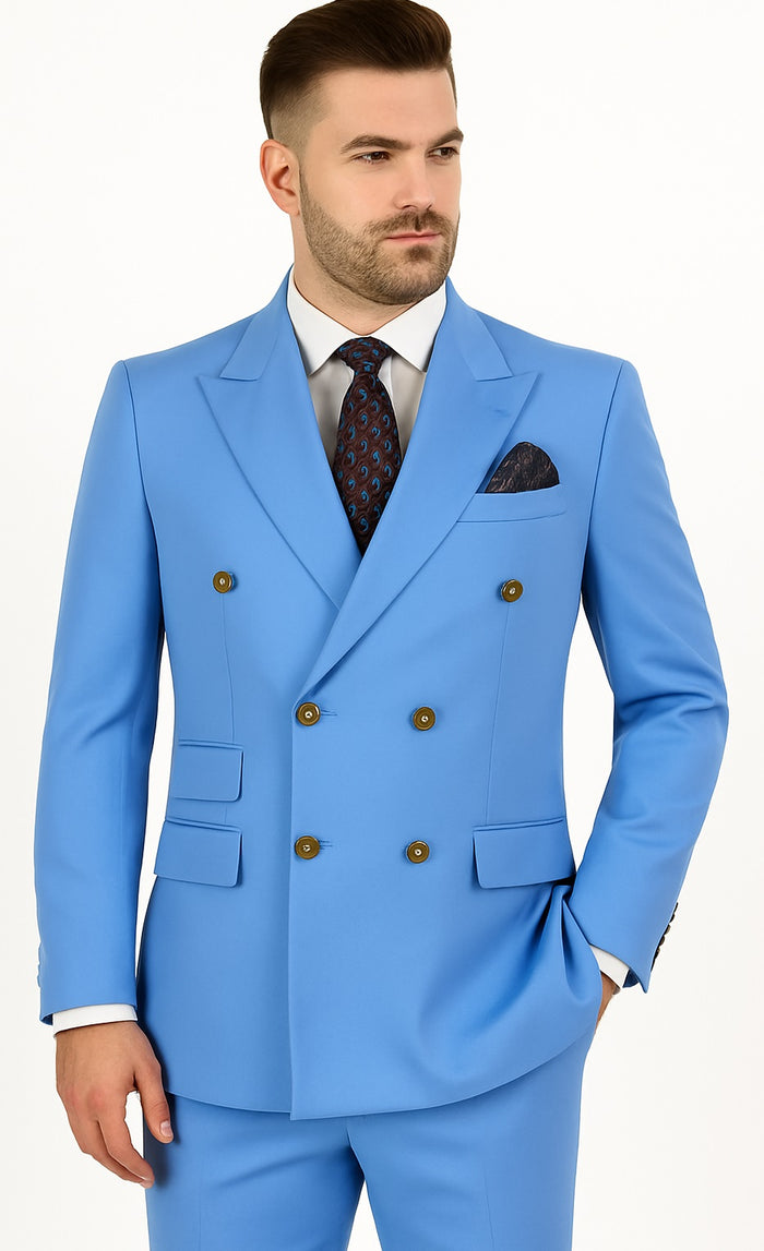 Slim Fitted Cut Mens Corn Flower Blue Double Breasted Blazers - Double Breasted Sport Coat