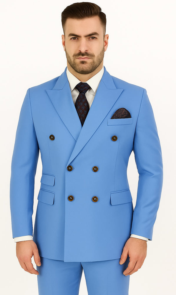Slim Fitted Cut Mens Corn Flower Blue Double Breasted Blazers - Double Breasted Sport Coat