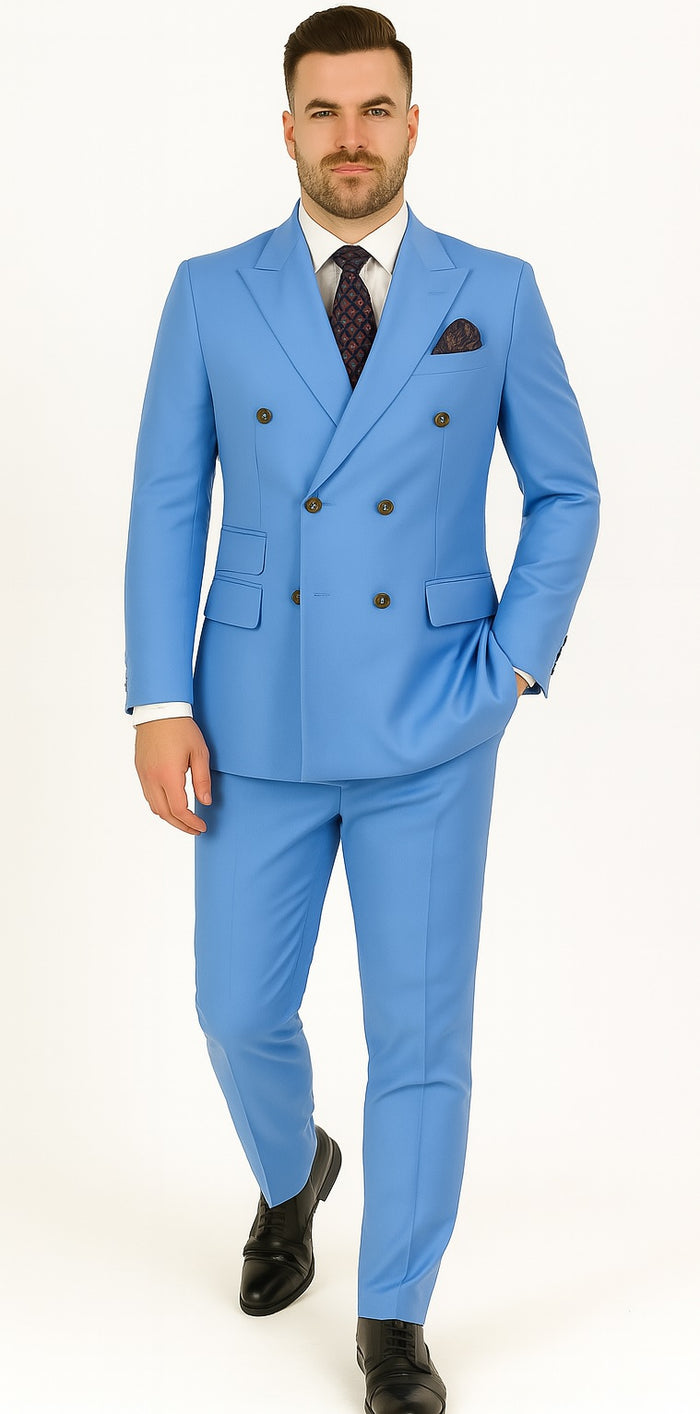 Slim Fitted Cut Mens Corn Flower Blue Double Breasted Blazers - Double Breasted Sport Coat