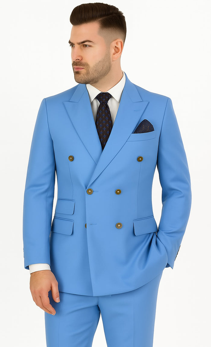 Slim Fitted Cut Mens Double Breasted Blazer - Blue Double Breasted Sport Coat