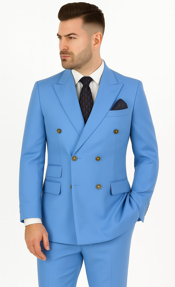 Slim Fitted Cut Mens Corn Flower Blue Double Breasted Blazers - Double Breasted Sport Coat