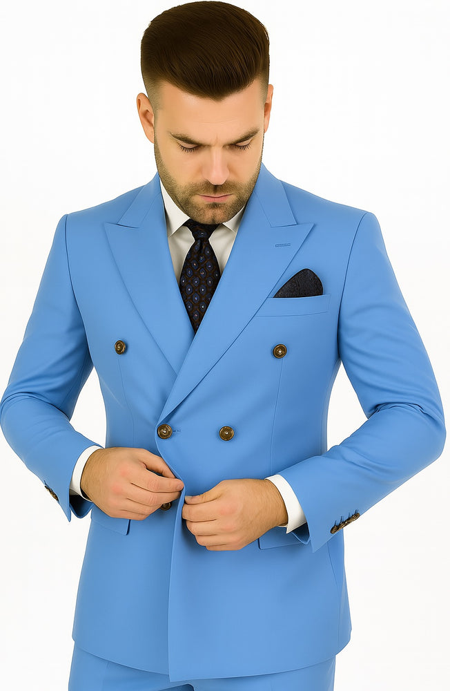 Slim Fitted Cut Mens Corn Flower Blue Double Breasted Blazers - Double Breasted Sport Coat