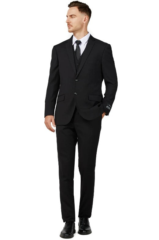 Mens Solid Black Single Breased Notched Lapel Suit Slim Fit Flat Front Pants