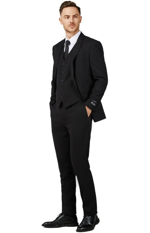 Mens Solid Black Single Breased Notched Lapel Suit Slim Fit Flat Front Pants