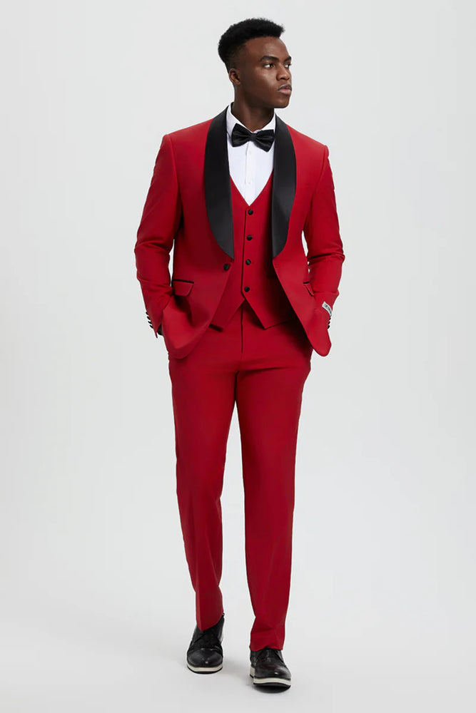 Men's Stacy Adams Vested One Button Shawl Lapel Designer Tuxedo In Red