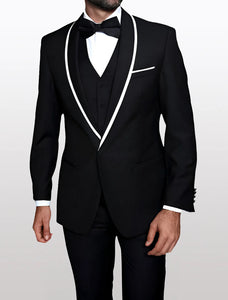 Statement Men's Black with White Lapel Vested 100% Wool Tuxedos