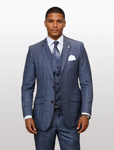 Statement Men's Charcoal and Burgundy Windowpane 100% Wool Vested Suits