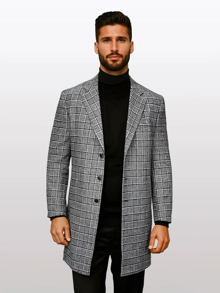 Statement Men's Grey with Black Windowpane 100% Wool 3/4 Coat