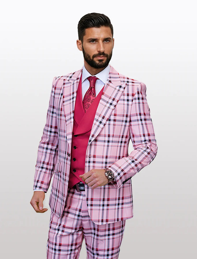 Statement Men's Hunter Pink Tartan Patterned Vested Suits — USA Men's ...