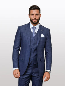Statement Men's Indigo Windowpane Plaid Modern Fit 100% Wool Vested Suits