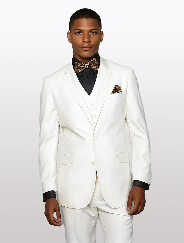 Statement Men's Off-White Solid Modern Fit 100% Wool Vested Suits