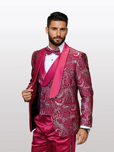 Statement Men's Red Patterned Vested Tuxedos with Bowtie