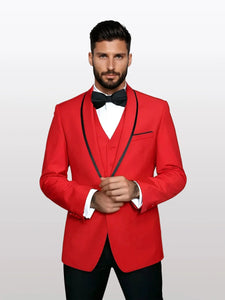 Statement Men's Red Vested with Black Trim Fine Lapel 100% Wool Tuxedos