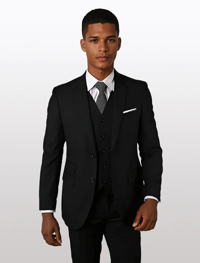 Statement Men's Solid Black Tailored Fit 100% Wool Vested Suits