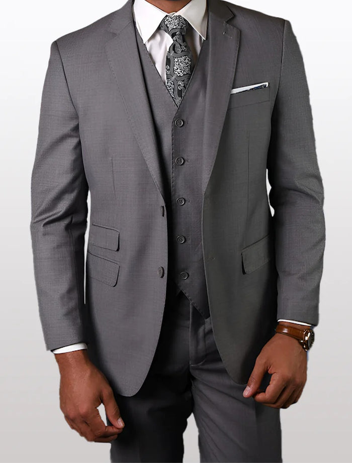 Statement Men's Solid Grey Tailored Fit 100% Wool Vested Suits